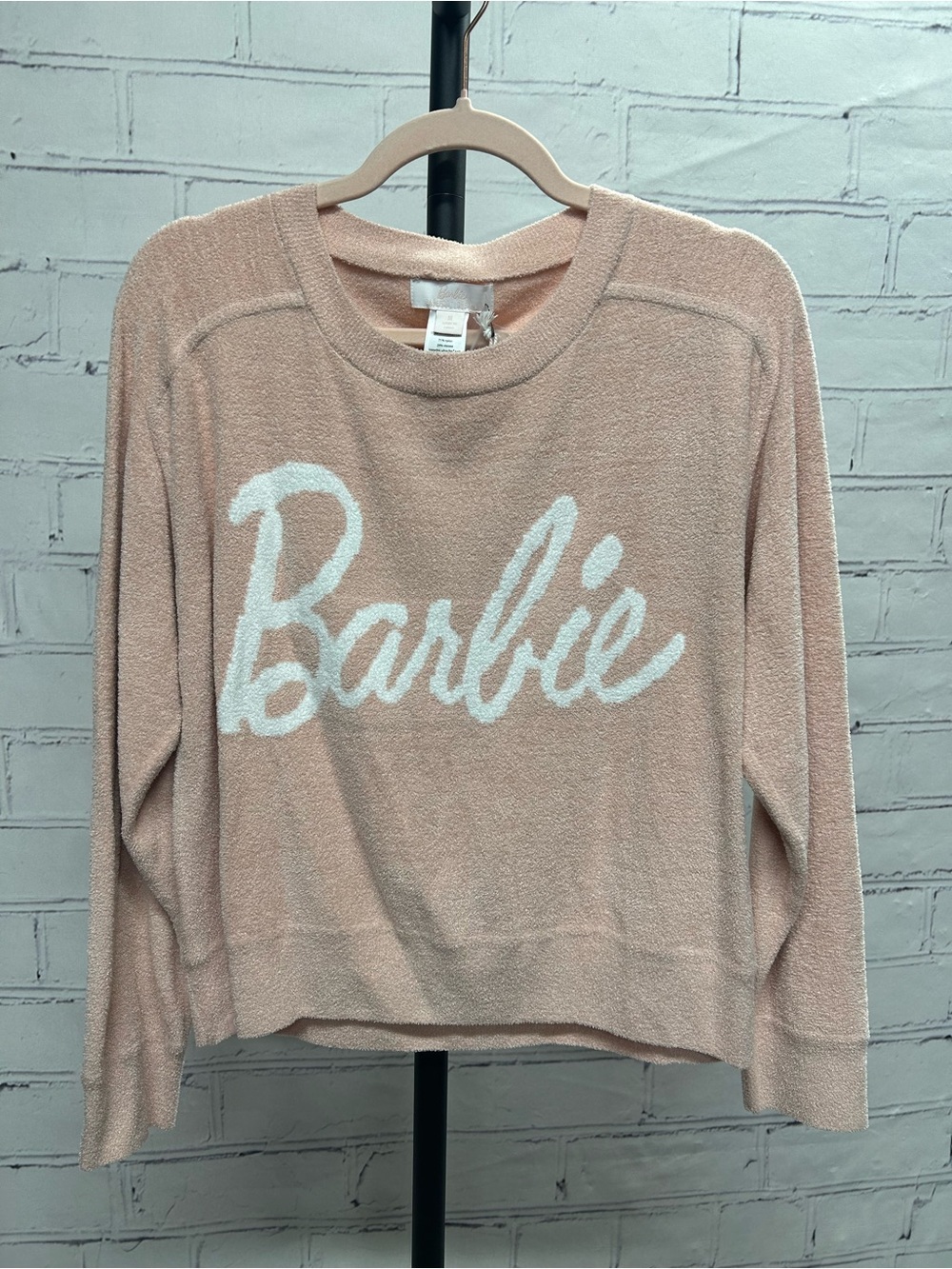 Barbie Pink Crewneck Sweater with White Script by barefoot dreams